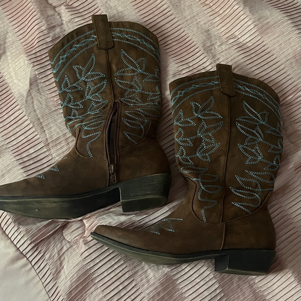 Brown Cowboy Boots with Teal Embroidery 9